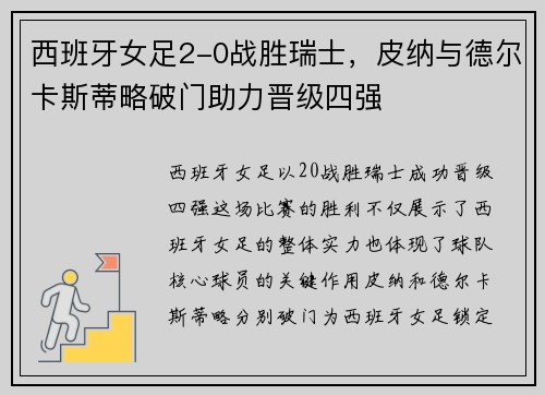 西班牙女足2-0战胜瑞士，皮纳与德尔卡斯蒂略破门助力晋级四强