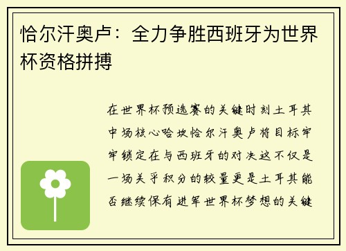 恰尔汗奥卢：全力争胜西班牙为世界杯资格拼搏
